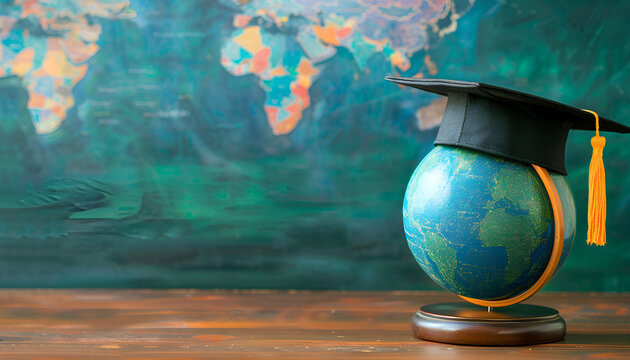 Graduated student studying abroad international idea. Master degree hat on top globe book