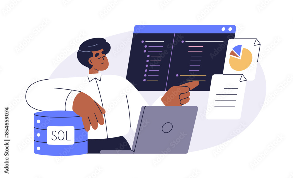 Aufkleber Data administrator, database management with SQL. Information technology, digital storage and analysis concept. Coding and developing reports. Flat vector illustration isolated on white background
