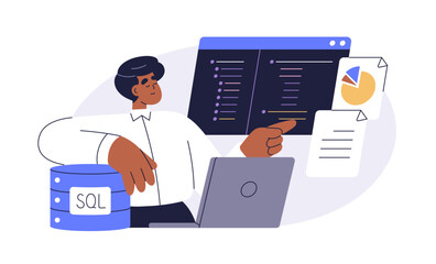 Data administrator, database management with SQL. Information technology, digital storage and analysis concept. Coding and developing reports. Flat vector illustration isolated on white background