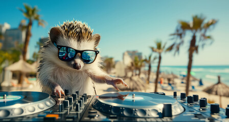 Hedgehog With Headphones And Sunglasses Mixing Tracks On Beach With Palm Trees