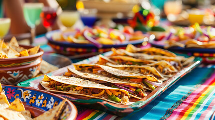 Fototapeta premium Festive Mexican Fiesta Table with Quesadillas and Nachos 