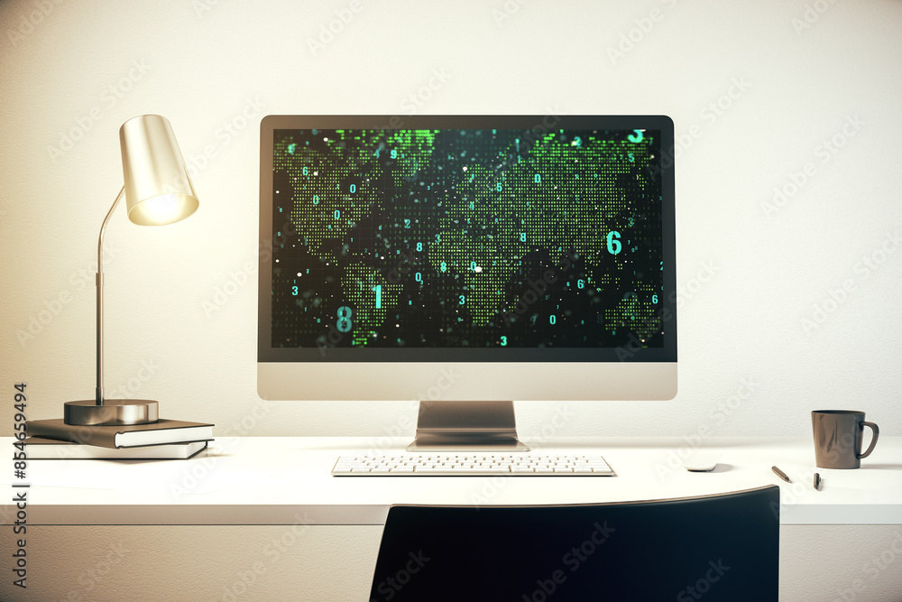 Wall mural Modern computer display with abstract software development hologram and world map, global research and analytics concept. 3D Rendering - Wall murals