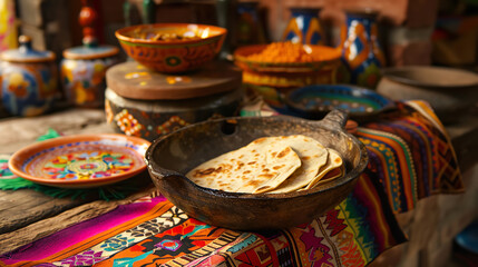 Traditional Mexican Kitchen with Handmade Tortillas and Textiles  