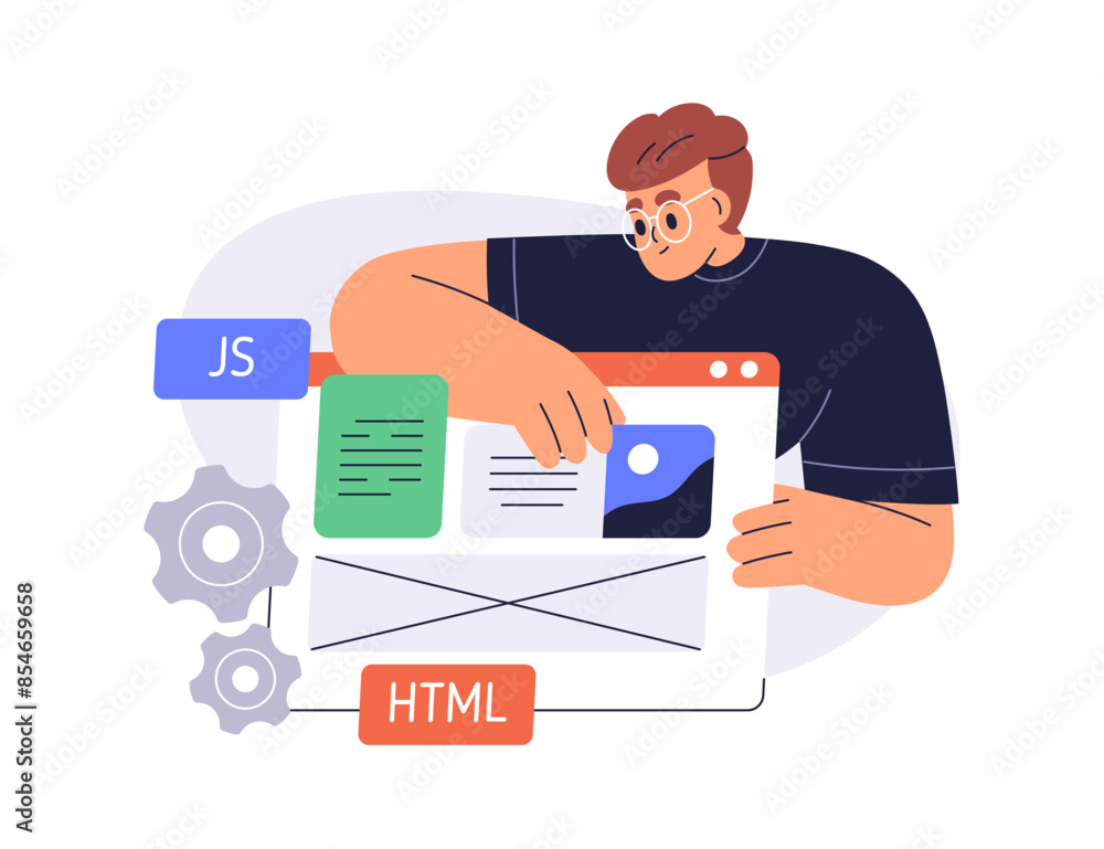 Aufkleber Front-end development concept. UI UX designer creating website layout. Website developer developing web-site pages, digital user interface design. Flat vector illustration isolated on white background