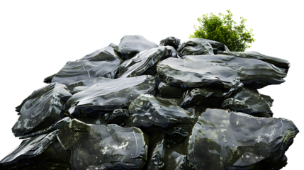 low angle perspective of hyper realistic high-quality image of flat wet shale forest rocks, very high contrast cinematic lighting, white background, png , clipping mask , photoshop asset