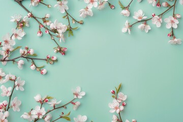 White blossoms and green leaves arranged on a green background, creating a fresh and natural look. Ideal for spring, nature, and floral themes.