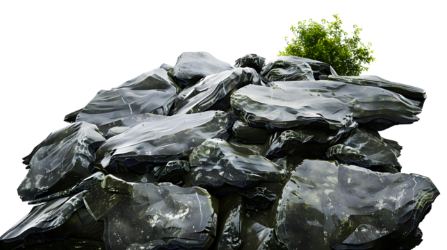 low angle perspective of hyper realistic high-quality image of flat wet shale forest rocks, very high contrast cinematic lighting, white background, png , clipping mask , photoshop asset