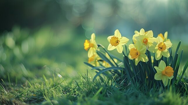Row of Daffodils Blooming in the Lawn