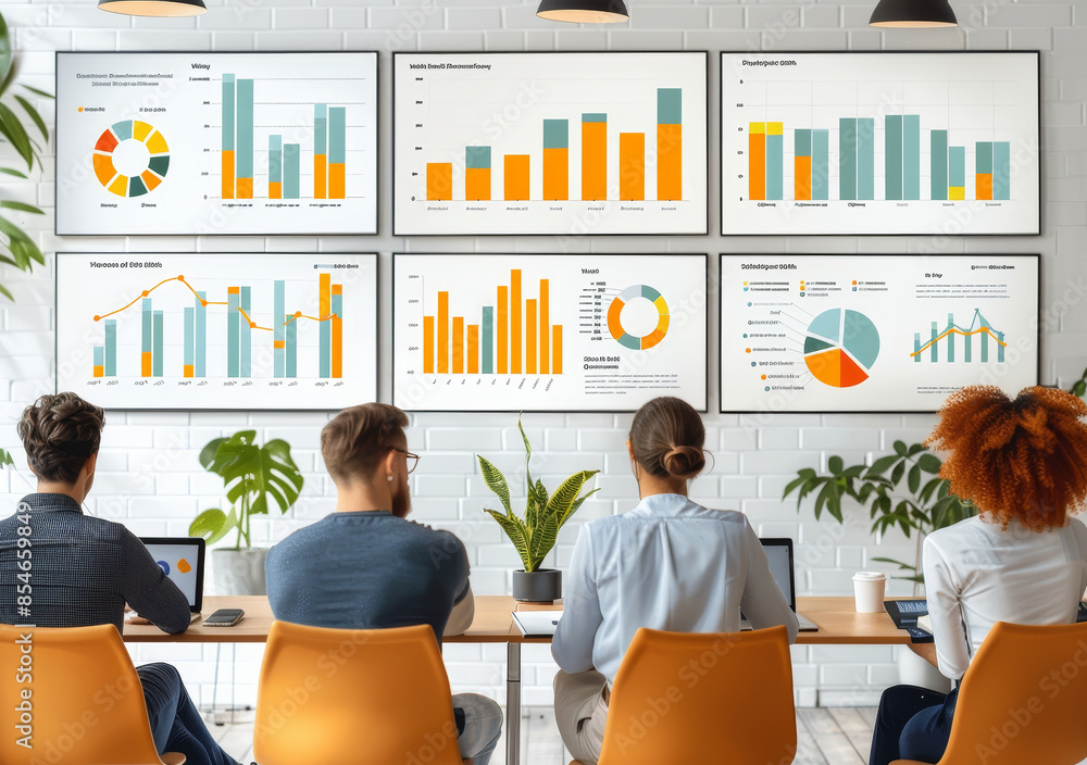 Poster team discussing business strategy in modern office with data charts and graphs on display, daytime, 