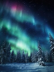 Fototapeta premium Winter scene with snow-covered trees and the northern lights