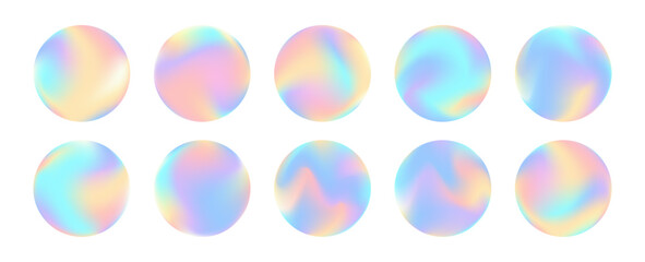 Y2k vector hologram set. Abstract 3d liquid surface collection. Cosmetic package design elements. Round iridescent shiny icons set. Light rainbow color circles. Neon fluid holographic texture circles
