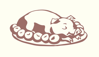 Vector drawing. Tasty pig on the plate