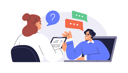 Online job interview. Recruitment and hiring concept. HR and candidate communication via video call. Virtual meeting, employer and employee. Flat vector illustration isolated on white background