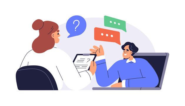 Online job interview. Recruitment and hiring concept. HR and candidate communication via video call. Virtual meeting, employer and employee. Flat vector illustration isolated on white background
