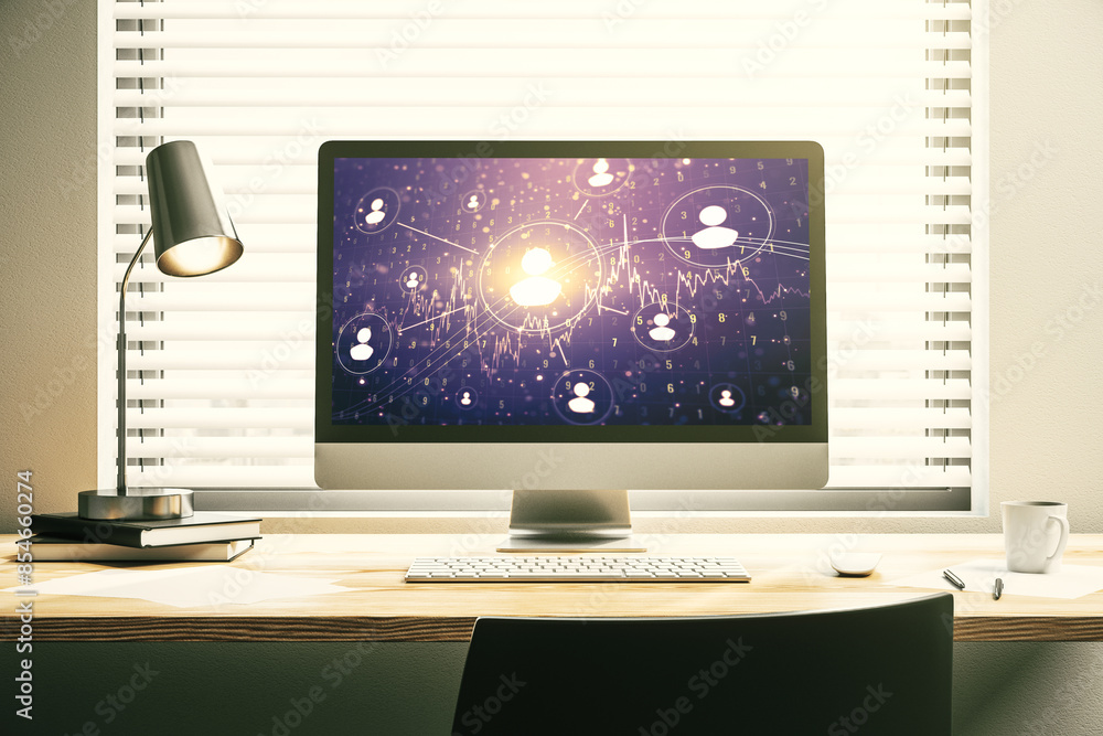 Aufkleber Modern computer screen with social network media concept. 3D Rendering