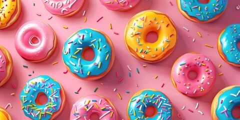 A plate of colorful donuts with sprinkles on a bright pink background, perfect for bakery or cafe promotions