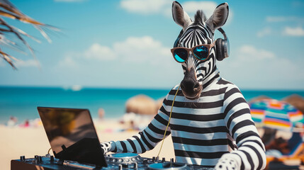 Zebra Wearing Headphones And Sunglasses Mixing Music On Beach With Ocean In Background