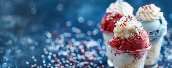 Obraz premium Three vibrant ice cream scoops in cups, topped with whipped cream and sprinkles, against a festive blue background with scattered sprinkles.