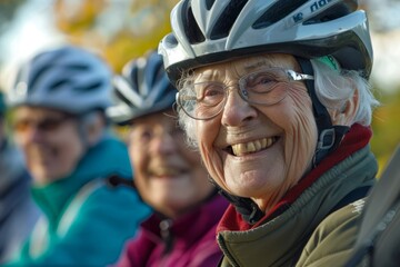 Cheerful group of senior citizens wearing cycling helmets and smiling broadly during a cycling outing