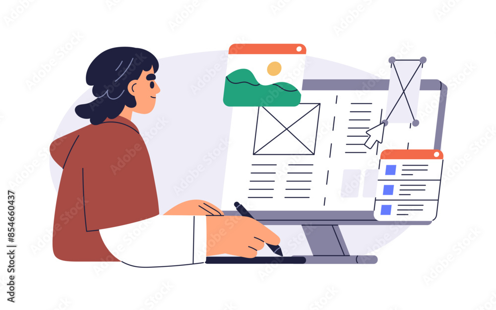 Fototapete Web designer creating site layout. Developing user interface and webpage design at computer. Landing page wireframe construction, UI development. Flat vector illustration isolated on white background