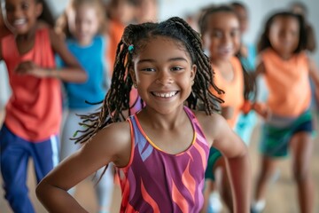 A close-up photograph of a diverse group of children wearing sports attire playfully dancing together in a bright studio