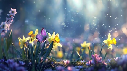 Fototapeta premium Tranquil morning garden scene with a bunch of daffodils and butterflies flying over a field of flowers with soft sunlight blurring in the background.