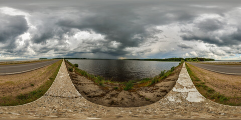 360 seamless hdri panorama view near lake before storm with overcast sky and dark clouds in...
