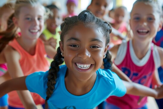 A close-up photograph capturing a diverse group of children in sports attire, smiling and playfully dancing together during an indoor practice session