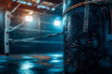 A low-angle shot of a punching bag in a boxing gym. The bag is wet and covered in droplets of water, and the background features a boxing ring and blurred lights