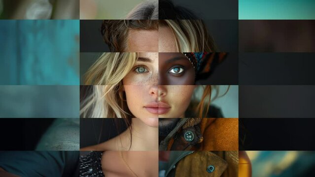 Fragmented portraits of people loopable animation, diversity concept, men and women looking into camera, front view