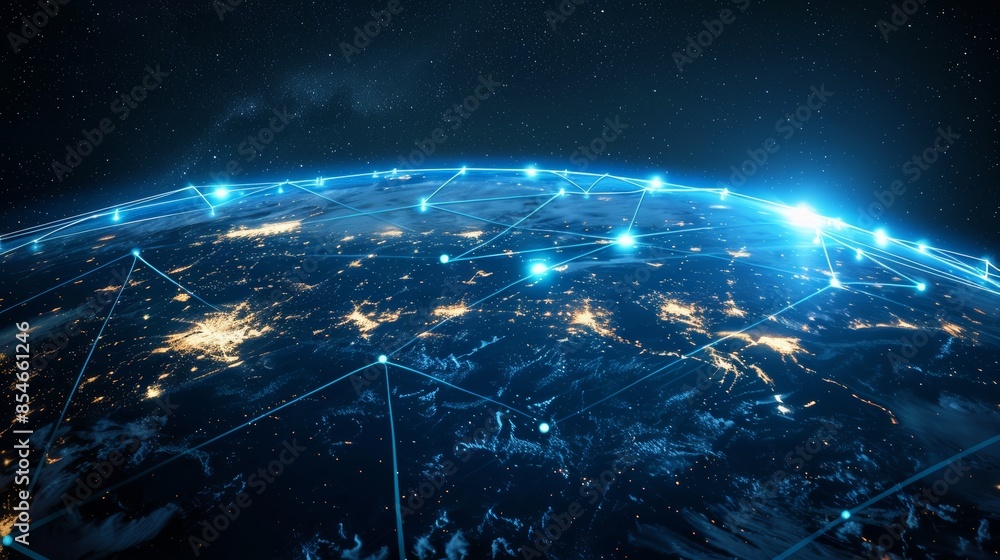 Fototapete planet with a network of lines connecting it to other planets. connections system and global datas e