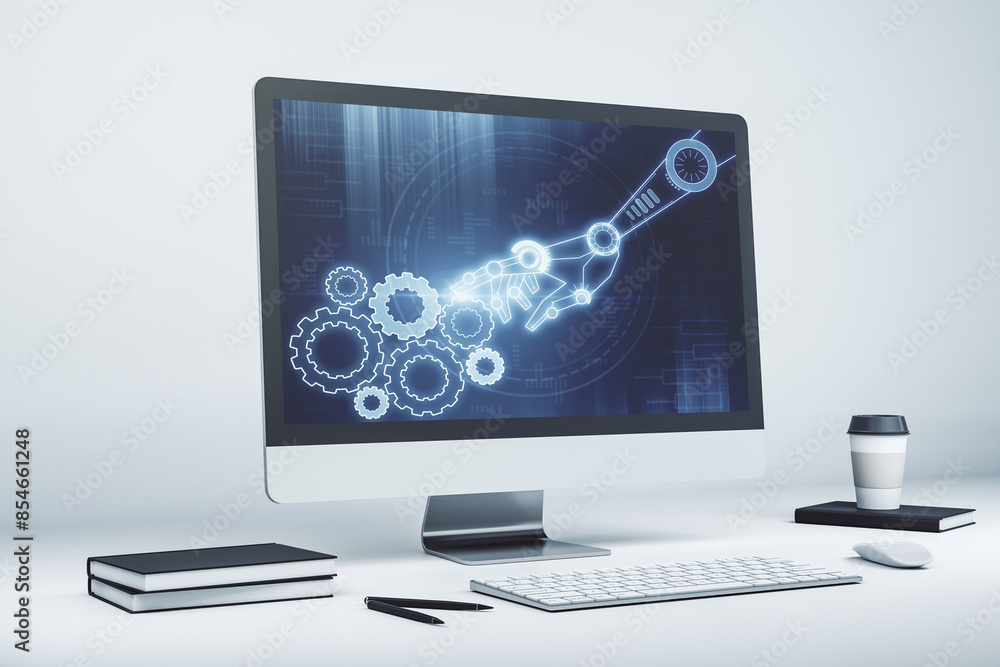 Leinwandbilder modern computer monitor with robotics technology hologram. research and development software concept