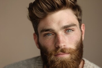 Obraz premium A closeup portrait of a young man with a styled beard. He is dressed in casual sportswear and looks directly at the camera with a serious expression