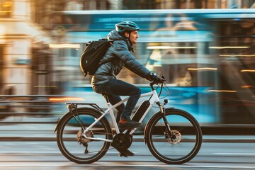 A man in a city rides an electric bike on a bike lane, wearing a helmet and backpack, with blurred background to show his speed and motion