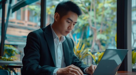 Fototapeta premium Busy professional asian business man employee, young male executive, entrepreneur wearing suit typing on laptop computer working at office coworking near big window.
