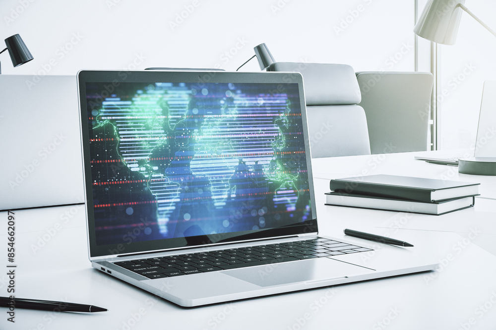 Poster abstract creative digital world map on modern laptop monitor, tourism and traveling concept. 3d rend