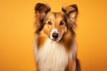 Portrait of a cute shetland sheepdog isolated in pastel orange background