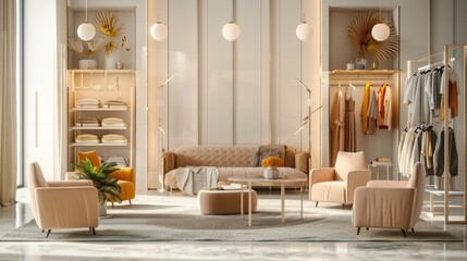 Modern boutique interior with cozy furniture and elegant decor, featuring stylish clothing displays and natural lighting.