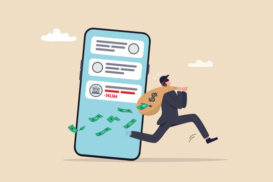 Call center fraud or scam stealing money from mobile banking application, fake phone call or financial crime, phishing or financial threat concept, scammer thief steal money from mobile banking app.