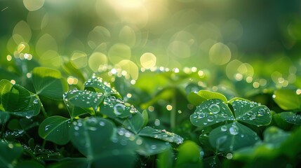 Lush green clover leaf field with morning dew drops on soft morning sun light blur and dreamy bokeh. Concept of freshness and vitality