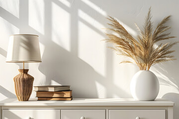 White home living room interior with drawer, decoration and books. Mockup wall Generative AI