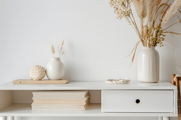 White home living room interior with drawer, decoration and books. Mockup wall Generative AI
