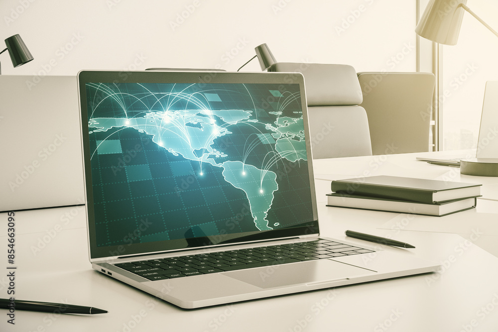 Leinwandbilder abstract digital world map with connections on modern computer monitor, big data and blockchain conc