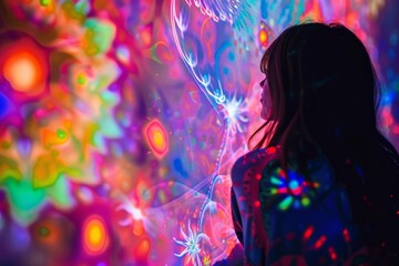 A woman stands in front of a vibrant and surreal art installation. The projection features bright colors and abstract patterns, creating a psychedelic and mesmerizing experience