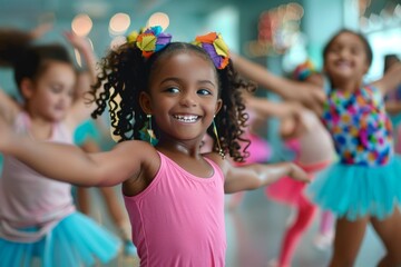 A vibrant image capturing a diverse group of children dancing joyfully in a spacious dance studio