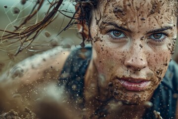 A close-up image of a young woman participating in a rugged obstacle course race, her face covered in mud as she navigates through a challenging terrain