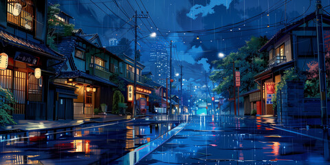 Rainy Night Scene in a Japanese City Street. Generative AI