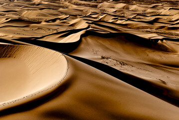 Sanddünen in der Wüste Gobi, Mongolei im fahlen Licht der Abendsonne mit Schlagschatten an den Abrisskanten der Dünen © Frank Wagner