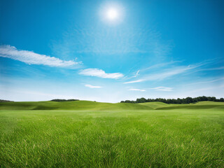 Obraz premium Tranquil Open Field with Vibrant Green Grass and Rolling Hills Under a Brilliant Blue Sky