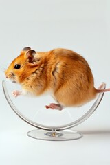 A chubby hamster running on a small wheel set agai 28 2